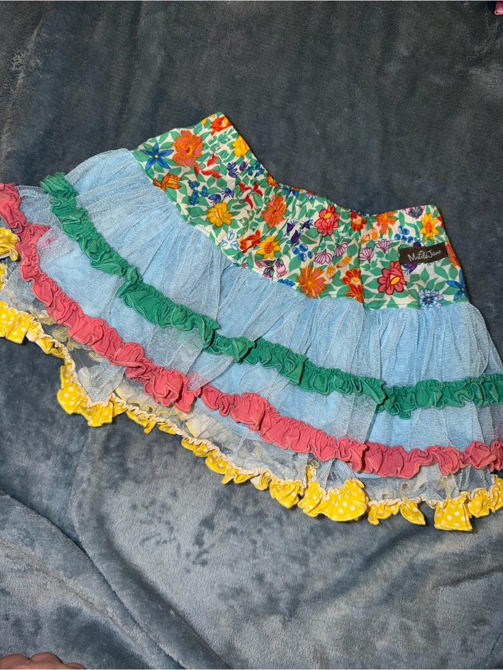 Matilda Jane Light Blue Tiered Skirt with Floral Waistband